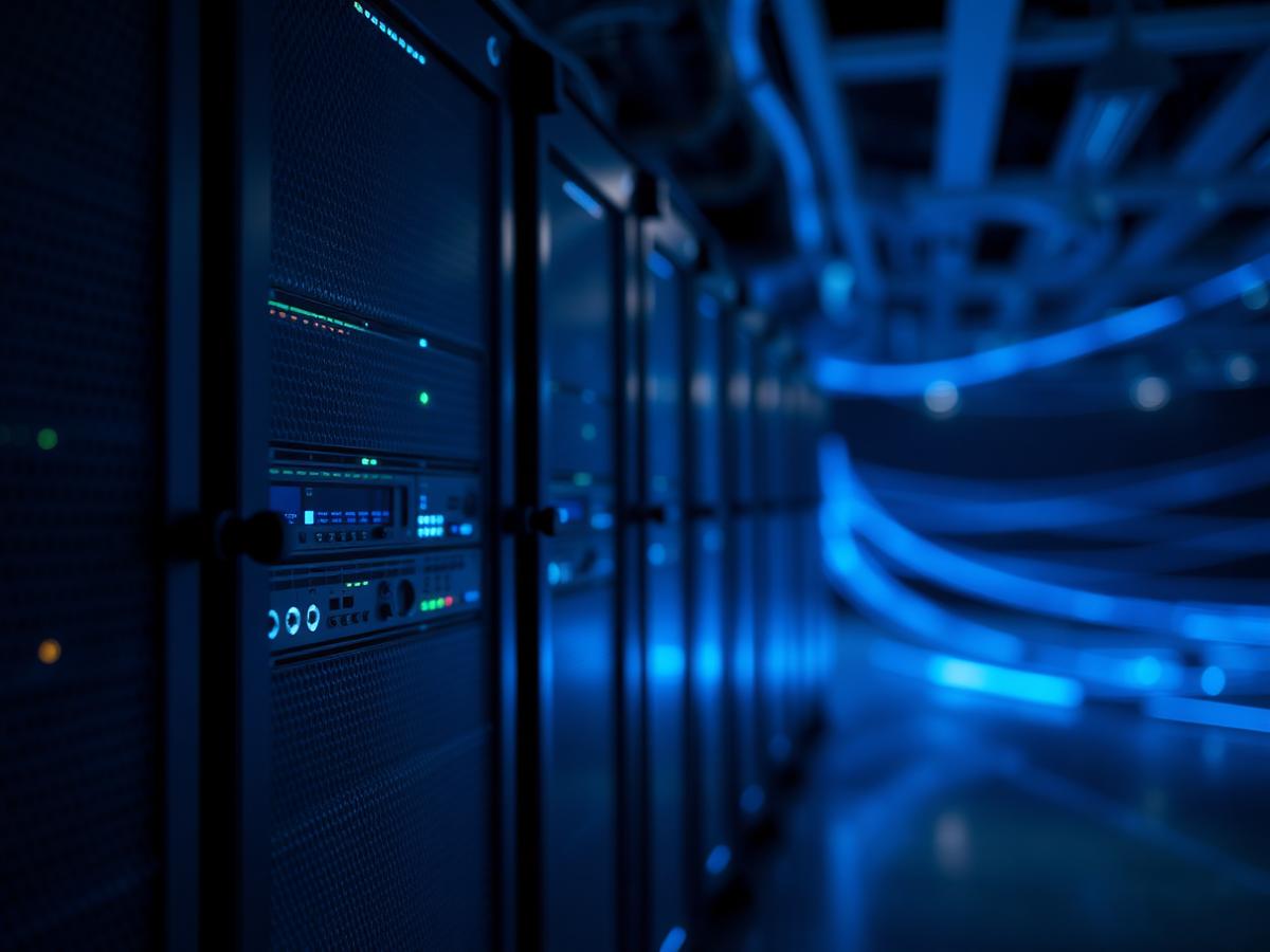 Server infrastructure with blue fiber optic lighting